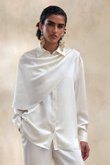 Serenza | Cream Satin Collared-Shirt With Cape-Detail