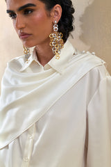Serenza | Cream Satin Collared-Shirt With Cape-Detail