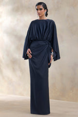 Delphina | Navy Satin Maxi Dress With Gathered And Knot-Detail