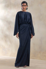 Delphina | Navy Satin Maxi Dress With Gathered And Knot-Detail