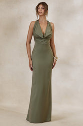 Aralisse | Khaki Satin Cowl-Neck Maxi Dress