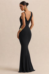 Armelia | Black Cowl-Neck Maxi Dress With Scarf-Detail