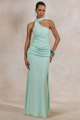 Aevina | Mint Satin Asymmetric-Neck Maxi Dress With Scarf-Detail