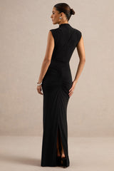 Isona | Black High-Neck Maxi Dress With Gathered-Detailing And Sash