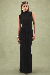 Isona | Black High-Neck Maxi Dress With Gathered-Detailing And Sash