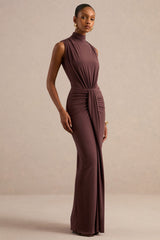 Isona | Brown High-Neck Maxi Dress With Gathered-Detailing And Sash