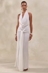 Rosetide | White Cowl-Neck Maxi Dress With Gathered-Detailing And Sash