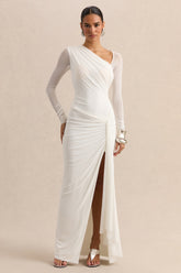 Rimena | White Asymmetric-Neck Maxi-Dress With Gathered Detailing And Mesh Long-Sleeves
