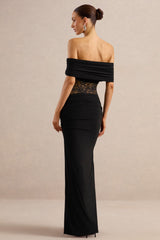 Forsya | Black Bardot-Neck Maxi Dress With Lace-Detailing