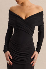 Kaelis | Black Bardot-Neck Thong Bodysuit With Long-Sleeves
