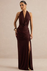 Ariadne | Dark Brown Draped Maxi Skirt With Split
