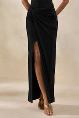 Idris | Black Twisted Waist Maxi Skirt With Front Split