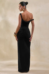 Idris | Black Twisted Waist Maxi Skirt With Front Split