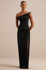 Lassia | Black Satin Gathered Maxi-Skirt With Lace