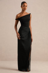 Lassia | Black Satin Gathered Maxi-Skirt With Lace