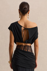 Yaselle | Black Satin Asymmetric-Neck Crop-Top