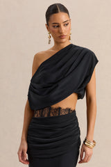 Yaselle | Black Satin Asymmetric-Neck Crop-Top
