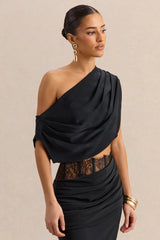 Yaselle | Black Satin Asymmetric-Neck Crop-Top