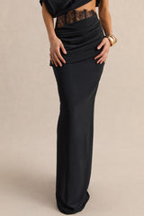 Silora | Black Satin Maxi Skirt With Lace-Detail