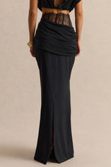 Silora | Black Satin Maxi Skirt With Lace-Detail