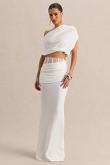 Silora | White Satin Maxi Skirt With Lace-Detail