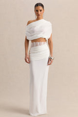 Silora | White Satin Maxi Skirt With Lace-Detail