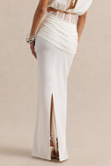 Silora | White Satin Maxi Skirt With Lace-Detail