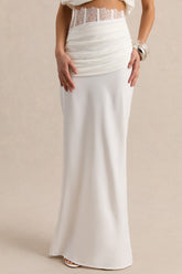 Silora | White Satin Maxi Skirt With Lace-Detail