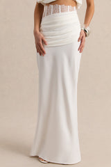 Silora | White Satin Maxi Skirt With Lace-Detail