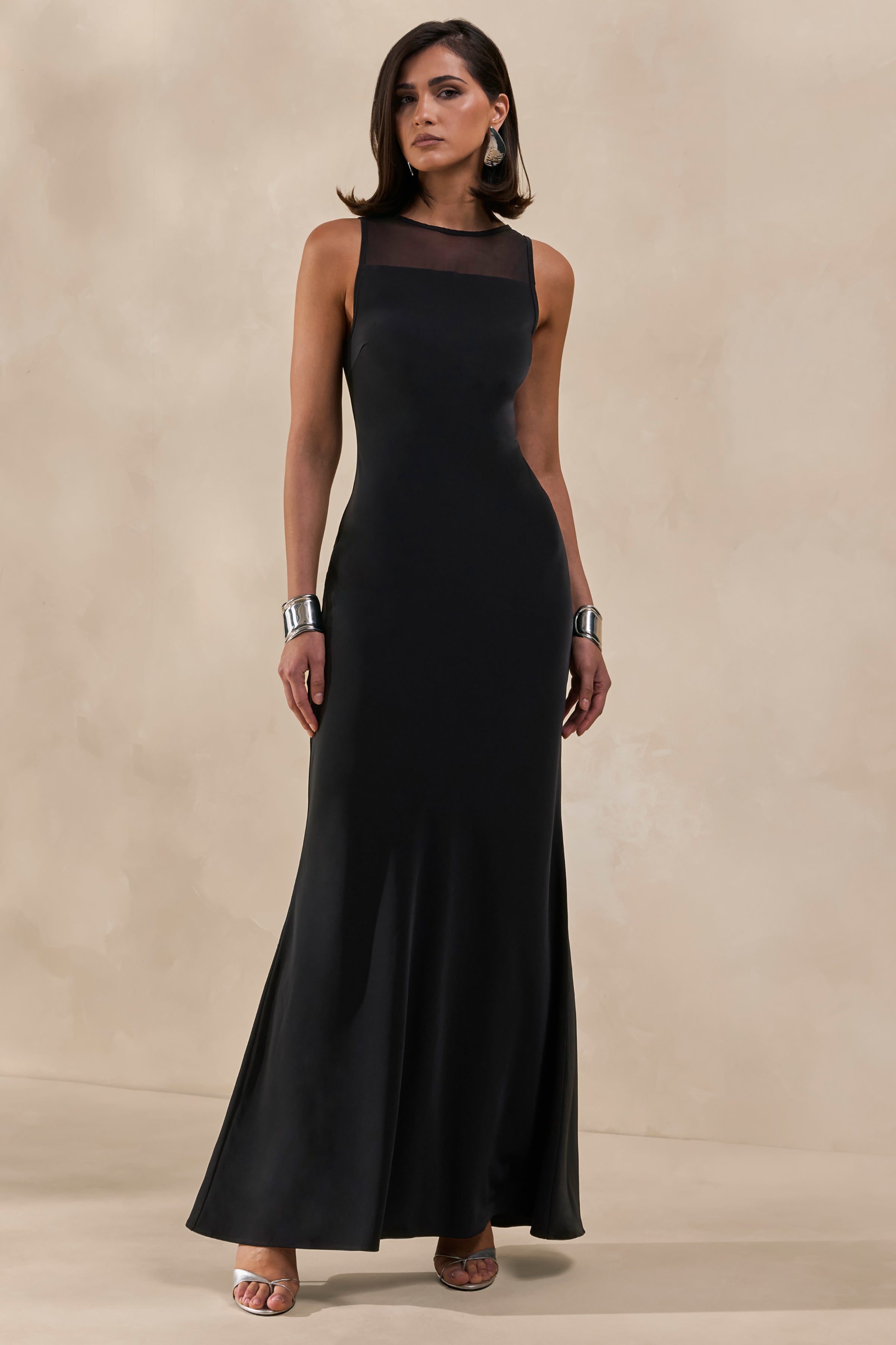 Rosevine | Black Crew-Neck Maxi Dress With Mesh Panel