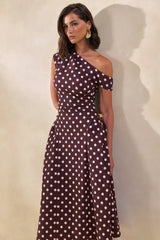 Celosia | Brown Polka-Dot Asymmetric-Neck Midi Dress With Gold-Detailing