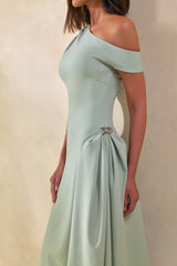 Celosia | Sage Asymmetric-Neck Midi Dress With Silver Detailing