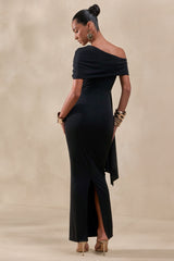 Esalina | Black Asymmetric-Neck Maxi Dress With Sash
