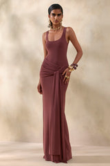 Lienna | Brown Scoop-Neck Maxi Dress With Gathered-Detail And Sash