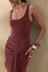 Lienna | Brown Scoop-Neck Maxi Dress With Gathered-Detail And Sash
