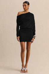 Inoria | Black Asymmetric-Neck Mini Dress