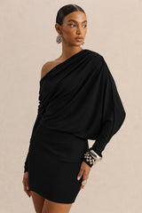 Inoria | Black Asymmetric-Neck Mini Dress