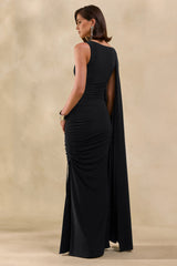 Evalette | Black Asymmetric-Neck Maxi Dress With Cape-Sleeve
