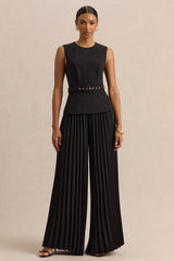 Karienne | Black Round-Neck Top With Belted-Detail
