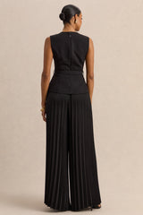 Lerenza | Black Satin Wide-Leg Pleated Trousers