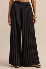 Lerenza | Black Satin Wide-Leg Pleated Trousers