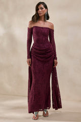 Parisse | Burgundy Lace Bardot-Neck Maxi Dress With Draped-Detailing