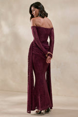 Parisse | Burgundy Lace Bardot-Neck Maxi Dress With Draped-Detailing