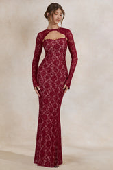 Mirellia | Dark Red Lace Sweetheart-Neck Maxi Dress