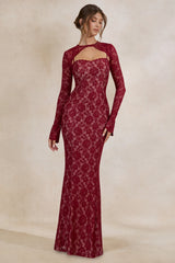 Mirellia | Dark Red Lace Sweetheart-Neck Maxi Dress