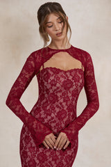Mirellia | Dark Red Lace Sweetheart-Neck Maxi Dress