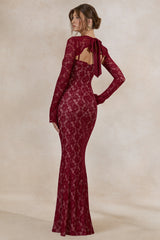 Mirellia | Dark Red Lace Sweetheart-Neck Maxi Dress