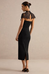 Navoria | Black Lace High-Neck Midi Dress