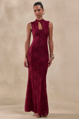 Ravissa | Burgundy Lace High-Neck Maxi Dress