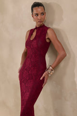 Ravissa | Burgundy Lace High-Neck Maxi Dress